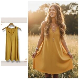 🌿Universal Thread Women’s XS Mustard Distressed A-Line Sleeveless Midi Dress